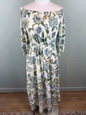 Loft Off-Shoulder Floral boho Maxi Dress in White, Blue & Green Cottagecore Sz 2